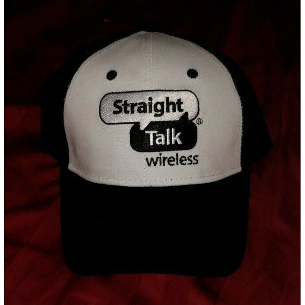 Straight Talk Wireless Phone Black White Hat Mesh Trucker Hat Cap Strapback RARE